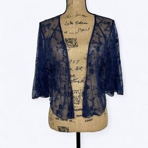 Pinky Sheer Mesh Floral Cardigan Sz L Blue Batwing Sleeve Lace Whimsigoth Witchy